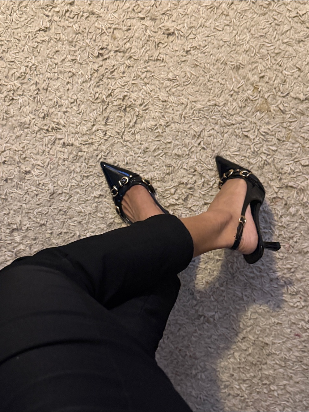 DSW Black Pointed Slingback Heels with Gold Buckle Detail